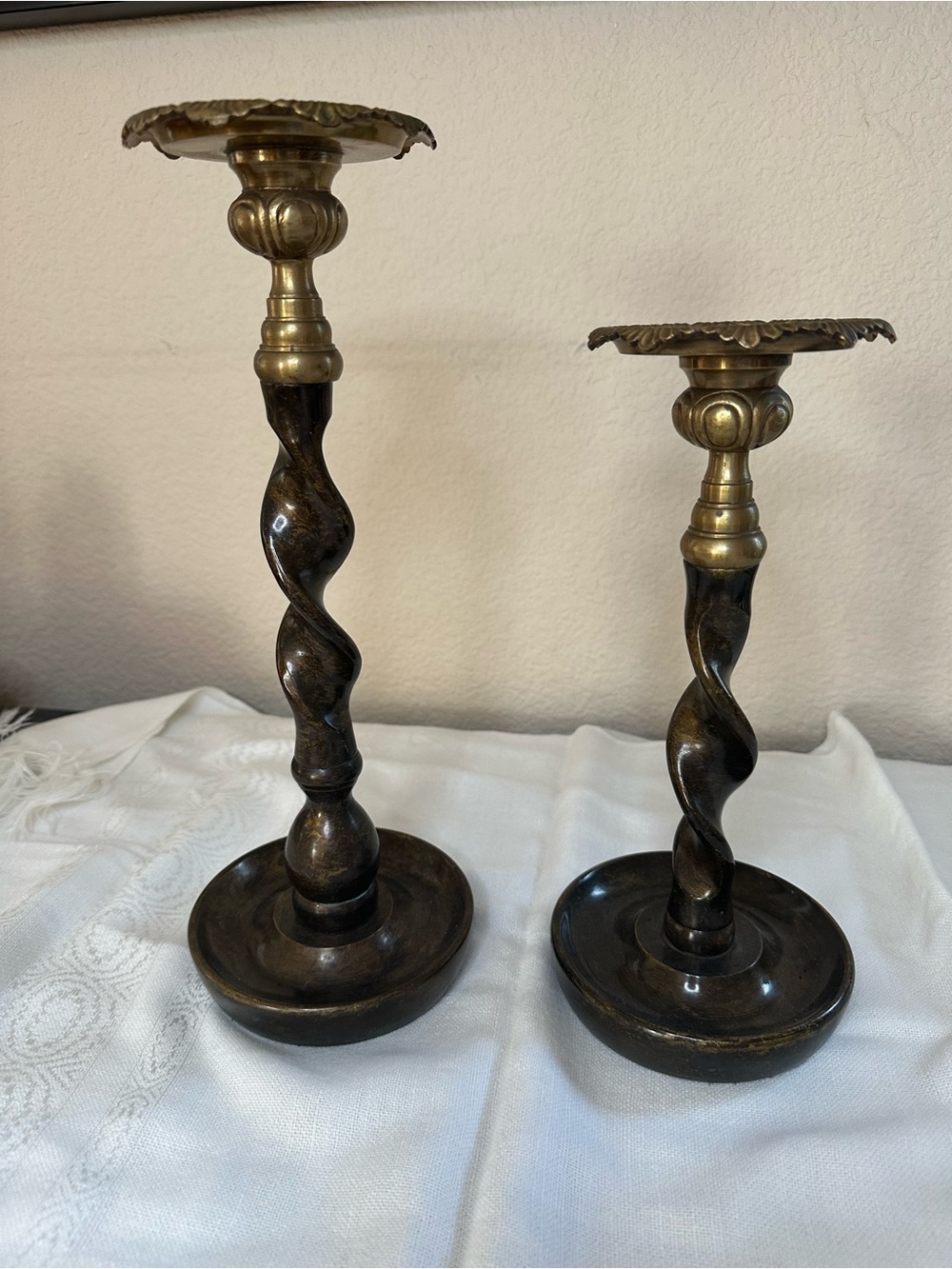 Vintage English Barley Twist Candlesticks Made of Bronze with Brass Accents.